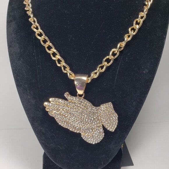 Gold-Tone Chunky Chain Necklace w/ Praying Hands Pendant  Unisex Fashion Jewelry - Picture 7 of 8